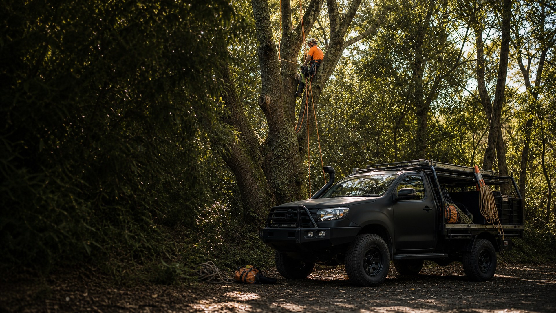A Titirangi Trees arborist working high in a large Auckland tree